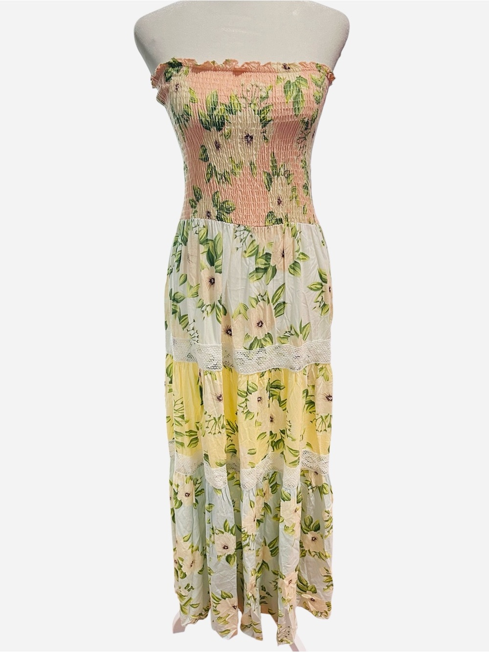 Kiwi + Punch Strapless Floral Smocked Maxi Dress Boho Cottagecore